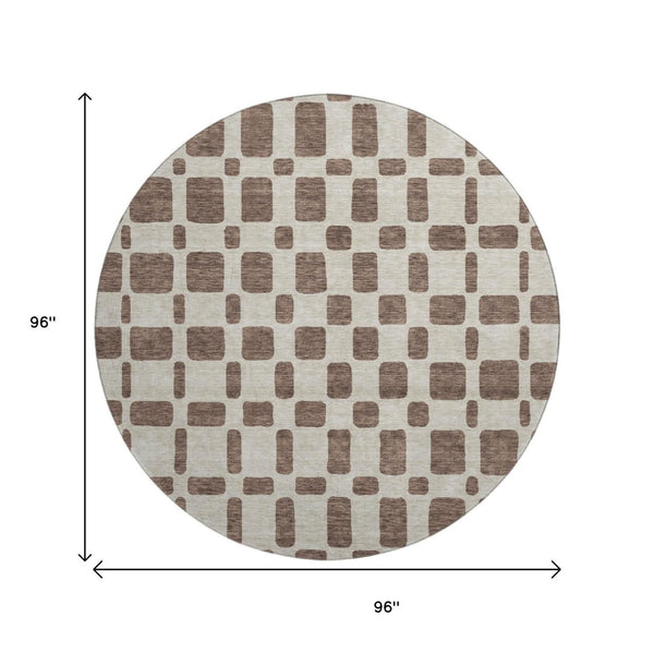 HomeRoots 8' Brown and Ivory Geometric Washable Round Rug - Durable, UV-Resistant, Perfect for High-Traffic Spaces! 669267