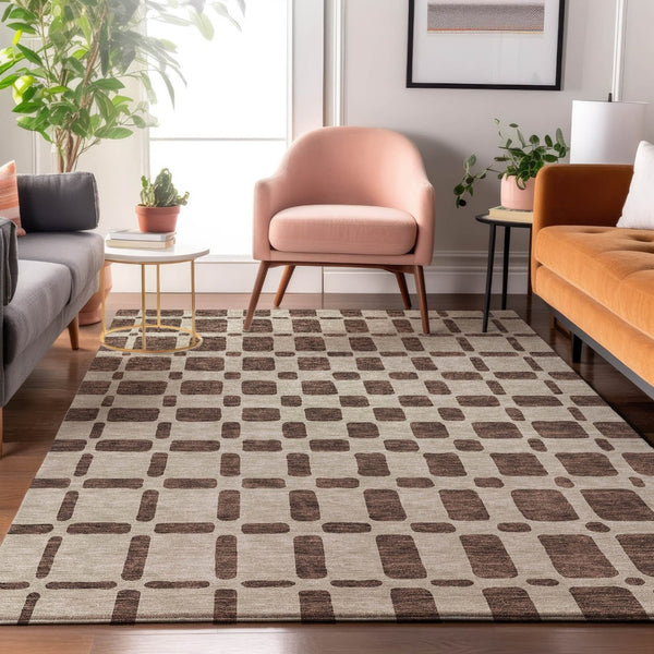 HomeRoots 8' X 10' Modern Brown and Ivory Geometric Washable Area Rug with Stain Resistance & UV Protection 669268