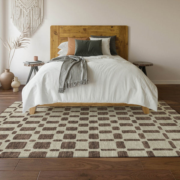 HomeRoots 8' X 10' Modern Brown and Ivory Geometric Washable Area Rug with Stain Resistance & UV Protection 669268