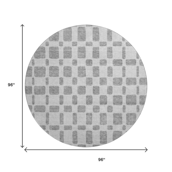 HomeRoots 8' Gray and Ivory Geometric Washable Round Rug with UV Protection for Modern Homes and Outdoor Spaces 669273