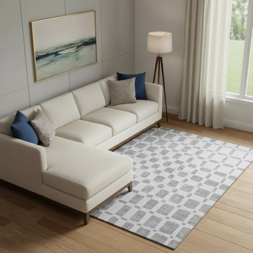 HomeRoots 8' X 10' Modern Gray and Ivory Geometric Area Rug - Washable, Stain Resistant with UV Protection! 669274