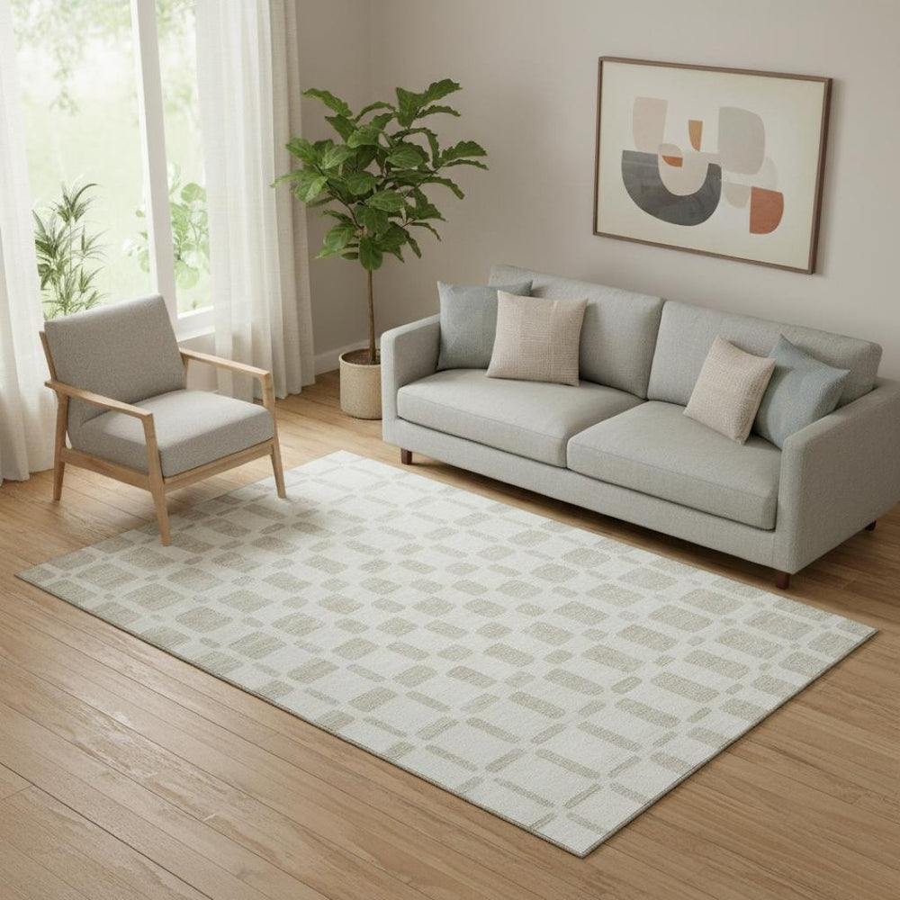 HomeRoots 5' X 8' Ivory and Beige Geometric Area Rug - Washable, UV Protected, Durable for High-Traffic Spaces 669278