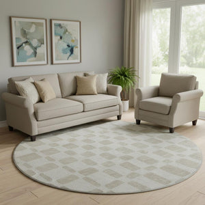 HomeRoots 8' Ivory and Beige Geometric Round Rug - Washable, UV-Protected, Durable for Active Homes & Kids 669279
