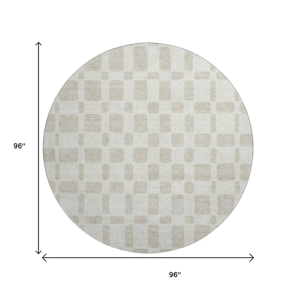 HomeRoots 8' Ivory and Beige Geometric Round Rug - Washable, UV-Protected, Durable for Active Homes & Kids 669279
