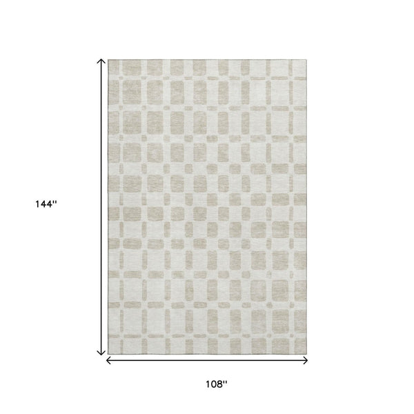 HomeRoots 9' X 12' Ivory and Beige Geometric Area Rug - Washable, UV-Protected, Perfect for Busy Homes! 669281