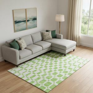 HomeRoots 10' Lime Green & Ivory Geometric Area Rug - Washable, UV Protected, Durable for Active Homes 669288
