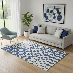 HomeRoots 5' X 8' Navy Blue & Ivory Geometric Area Rug - Washable, UV Protected, Kid & Pet Friendly Design 669290