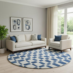 HomeRoots 8' Navy Blue and Ivory Geometric Round Rug - Washable, UV Protected, Perfect for Busy Homes! 669291