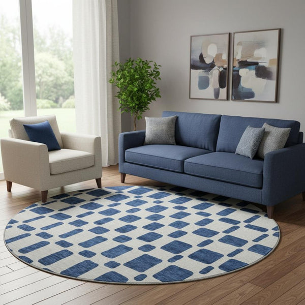 HomeRoots 8' Navy Blue and Ivory Geometric Round Rug - Washable, UV Protected, Perfect for Busy Homes! 669291