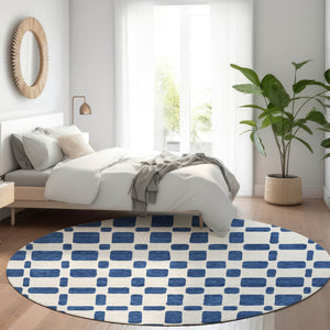 HomeRoots 8' Navy Blue and Ivory Geometric Round Rug - Washable, UV Protected, Perfect for Busy Homes! 669291