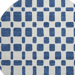 HomeRoots 8' Navy Blue and Ivory Geometric Round Rug - Washable, UV Protected, Perfect for Busy Homes! 669291