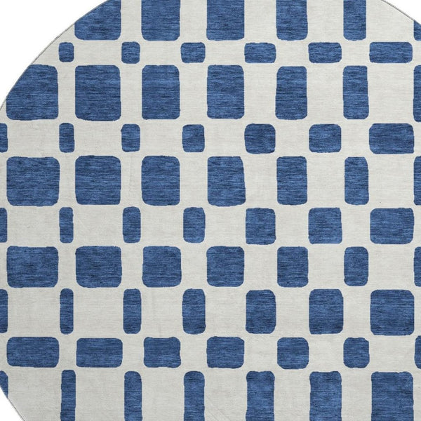 HomeRoots 8' Navy Blue and Ivory Geometric Round Rug - Washable, UV Protected, Perfect for Busy Homes! 669291