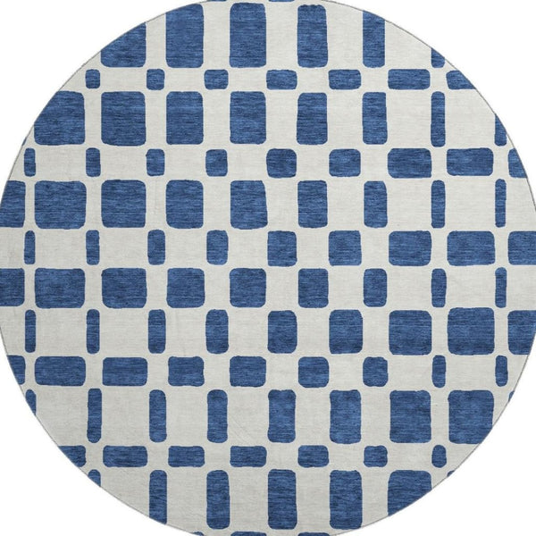 HomeRoots 8' Navy Blue and Ivory Geometric Round Rug - Washable, UV Protected, Perfect for Busy Homes! 669291