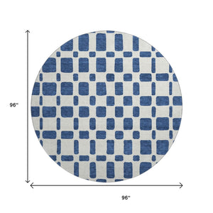 HomeRoots 8' Navy Blue and Ivory Geometric Round Rug - Washable, UV Protected, Perfect for Busy Homes! 669291
