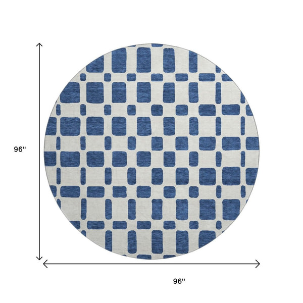 HomeRoots 8' Navy Blue and Ivory Geometric Round Rug - Washable, UV Protected, Perfect for Busy Homes! 669291