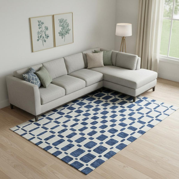 HomeRoots 8' X 10' Navy Blue Geometric Washable Area Rug with UV Protection for High-Traffic Homes & Pets 669292