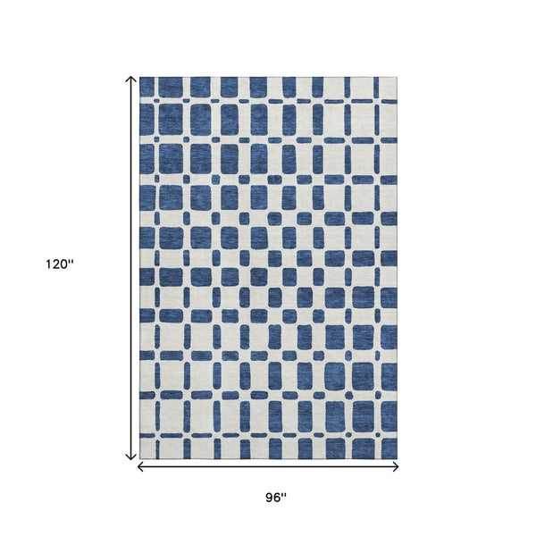 HomeRoots 8' X 10' Navy Blue Geometric Washable Area Rug with UV Protection for High-Traffic Homes & Pets 669292