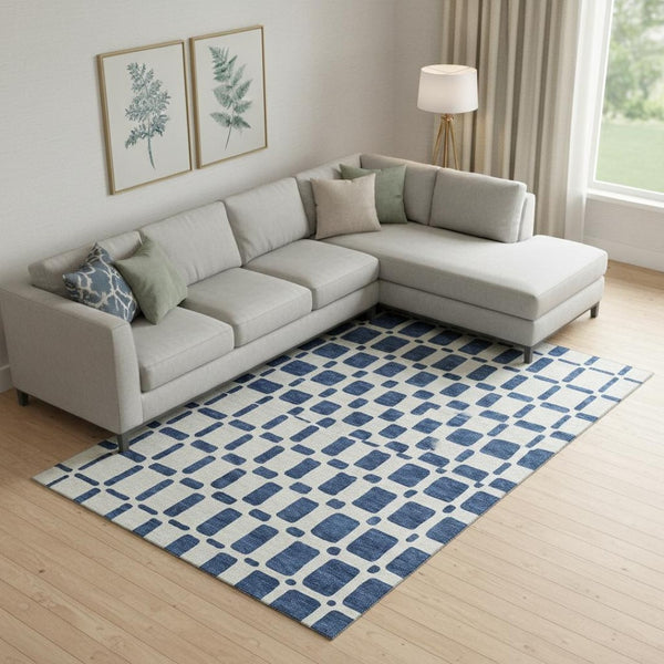 HomeRoots 9' X 12' Navy Blue & Ivory Geometric Area Rug – Washable, UV-Protected, Perfect for High-Traffic Spaces! 669293