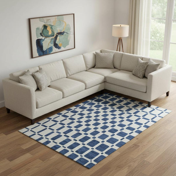 HomeRoots 10' Navy Blue & Ivory Geometric Area Rug - Washable, UV-Protected, Durable for High-Traffic Homes 669294