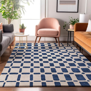 HomeRoots 10' Navy Blue & Ivory Geometric Area Rug - Washable, UV-Protected, Durable for High-Traffic Homes 669294