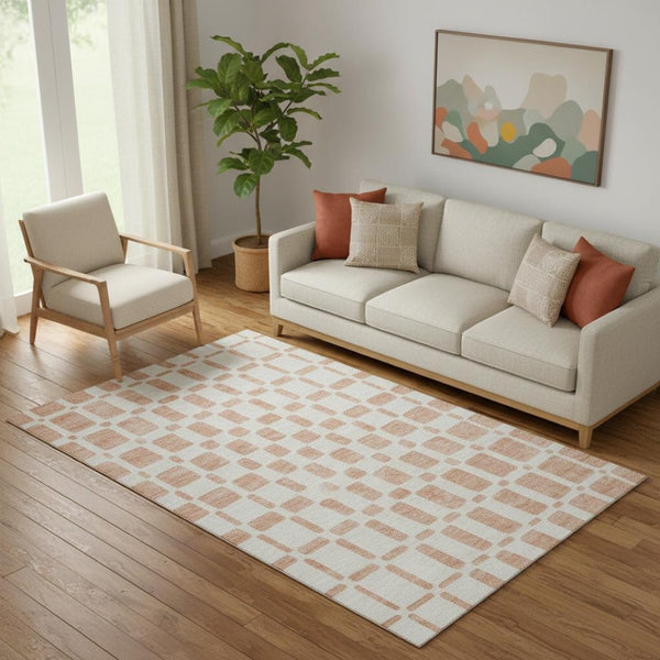 HomeRoots 5' X 8' Soft Peach and Ivory Geometric Area Rug - Durable, Washable, UV-Protected for Homes 669296