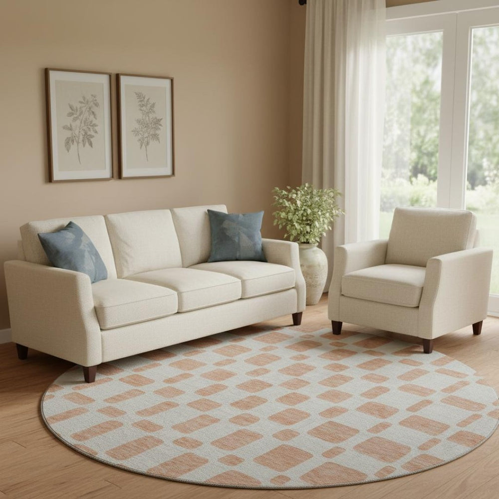 HomeRoots 8' Peach and Ivory Geometric Round Rug - Washable, UV Protected, Stain Resistant for Modern Spaces 669297