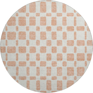 HomeRoots 8' Peach and Ivory Geometric Round Rug - Washable, UV Protected, Stain Resistant for Modern Spaces 669297