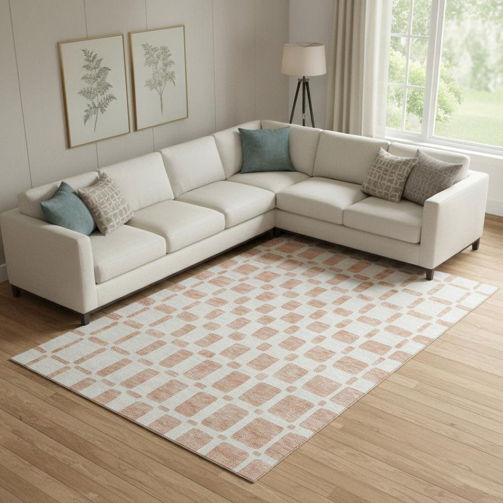 HomeRoots 9' X 12' Peach & Ivory Geometric Area Rug – Washable, UV Protected, Soft Polyester, Modern Style! 669299