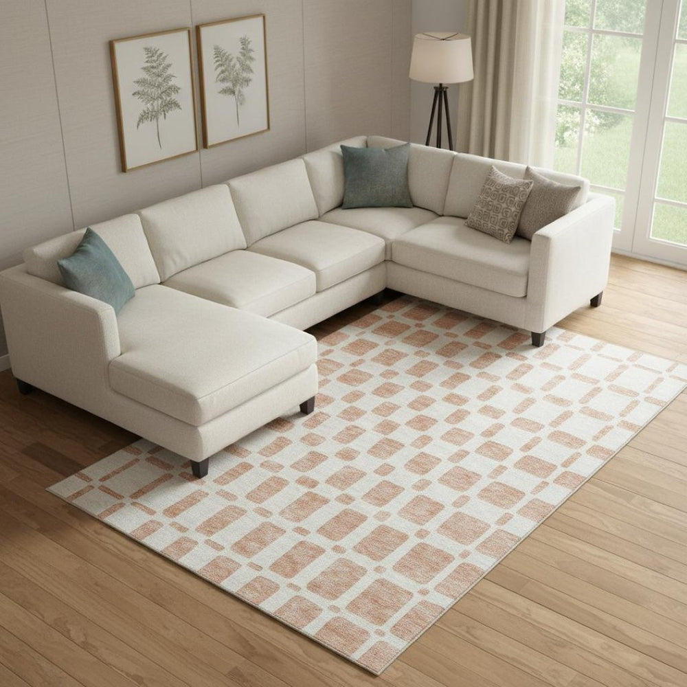 HomeRoots 10' X 14' Peach & Ivory Geometric Area Rug – Washable, Stain-Resistant, UV Protected for Active Homes 669300