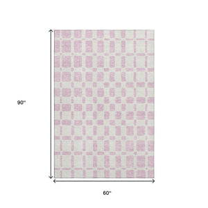 HomeRoots 5' Pink and Ivory Geometric Area Rug – Washable, UV-Protected, Stylish for Modern Homes & Kids 669302