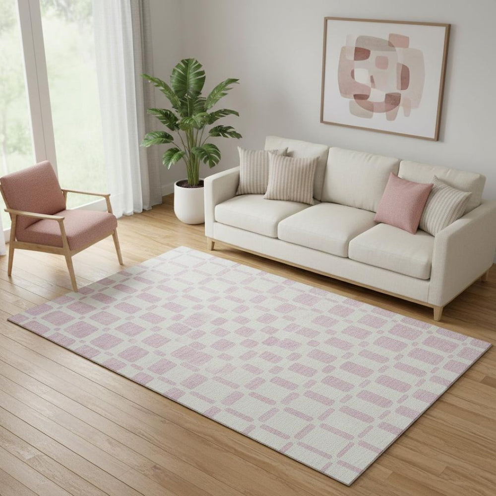 HomeRoots 5' Pink and Ivory Geometric Area Rug – Washable, UV-Protected, Stylish for Modern Homes & Kids 669302