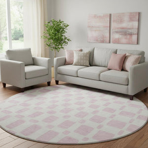 HomeRoots 8' Pink and Ivory Geometric Washable Round Rug – Stylish, Durable, UV-Protected for Busy Homes! 669303