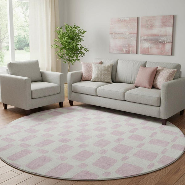 HomeRoots 8' Pink and Ivory Geometric Washable Round Rug – Stylish, Durable, UV-Protected for Busy Homes! 669303