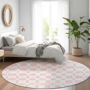 HomeRoots 8' Pink and Ivory Geometric Washable Round Rug – Stylish, Durable, UV-Protected for Busy Homes! 669303