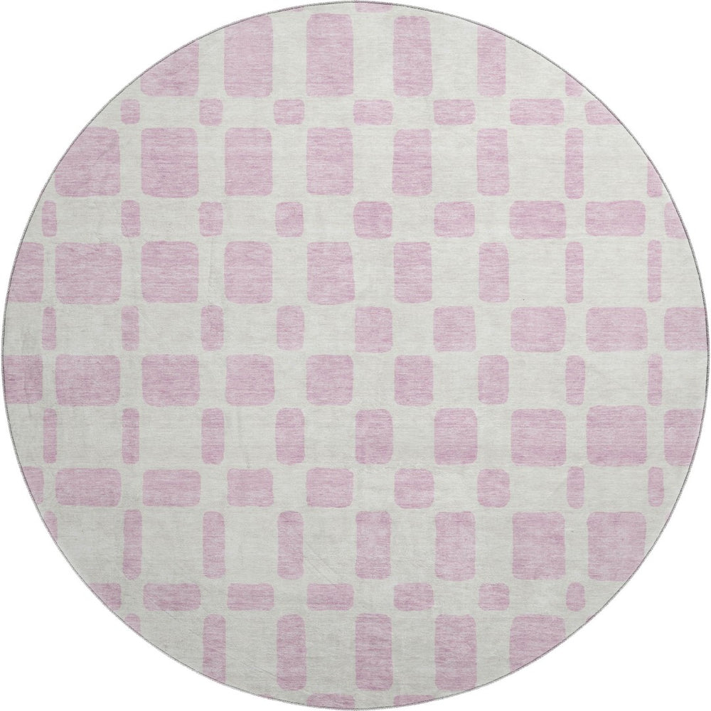 HomeRoots 8' Pink and Ivory Geometric Washable Round Rug – Stylish, Durable, UV-Protected for Busy Homes! 669303