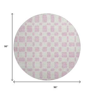 HomeRoots 8' Pink and Ivory Geometric Washable Round Rug – Stylish, Durable, UV-Protected for Busy Homes! 669303