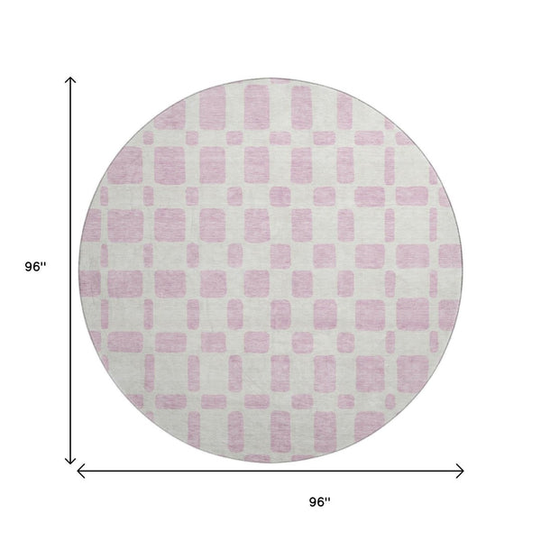 HomeRoots 8' Pink and Ivory Geometric Washable Round Rug – Stylish, Durable, UV-Protected for Busy Homes! 669303