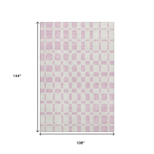 HomeRoots 9' X 12' Pink And Ivory Geometric Area Rug - Washable, UV Protected, Stylish & Durable for Homes 669305
