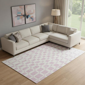 HomeRoots 9' X 12' Pink And Ivory Geometric Area Rug - Washable, UV Protected, Stylish & Durable for Homes 669305