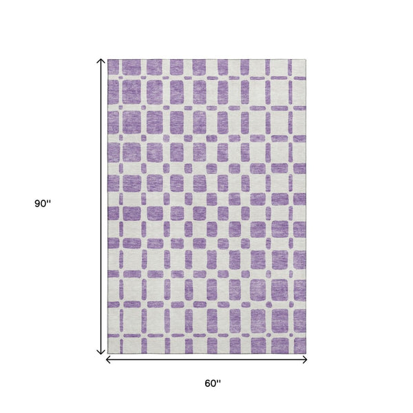 HomeRoots 5' Purple and Ivory Geometric Area Rug – Washable, UV-Protected, Durable & Kid-Friendly Design 669308