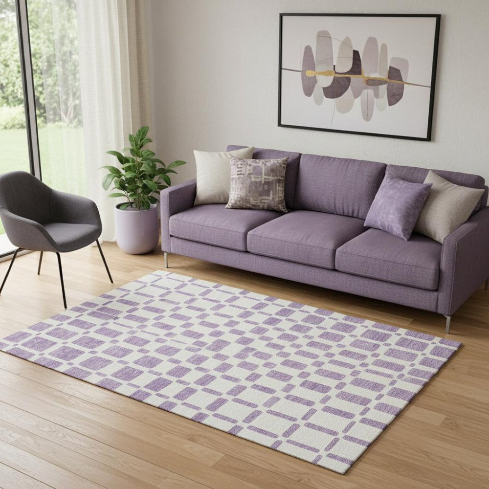 HomeRoots 5' Purple and Ivory Geometric Area Rug – Washable, UV-Protected, Durable & Kid-Friendly Design 669308