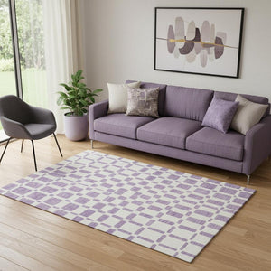 HomeRoots 5' Purple and Ivory Geometric Area Rug – Washable, UV-Protected, Durable & Kid-Friendly Design 669308