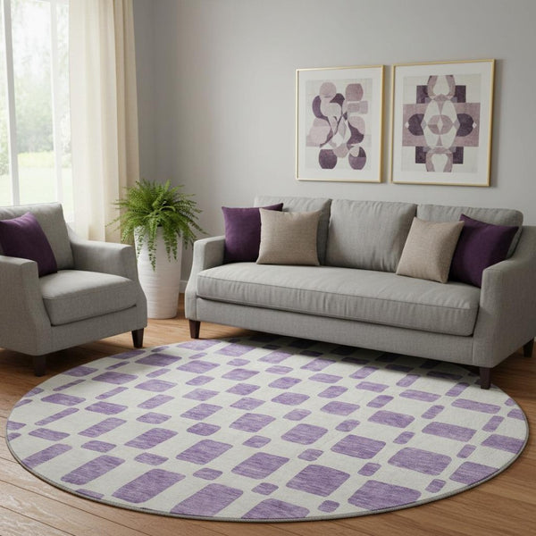 HomeRoots 8' Modern Geometric Purple & Ivory Washable Round Rug - Stain Resistant, UV Protected & Durable! 669309