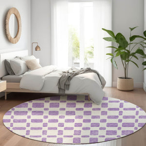 HomeRoots 8' Modern Geometric Purple & Ivory Washable Round Rug - Stain Resistant, UV Protected & Durable! 669309