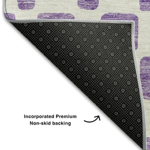 HomeRoots 8' Modern Geometric Purple & Ivory Washable Round Rug - Stain Resistant, UV Protected & Durable! 669309