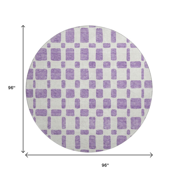 HomeRoots 8' Modern Geometric Purple & Ivory Washable Round Rug - Stain Resistant, UV Protected & Durable! 669309