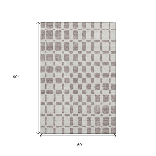 HomeRoots 5' X 8' Taupe & Ivory Geometric Area Rug – Washable, UV-Protected, Perfect for Families & Pets! 669314