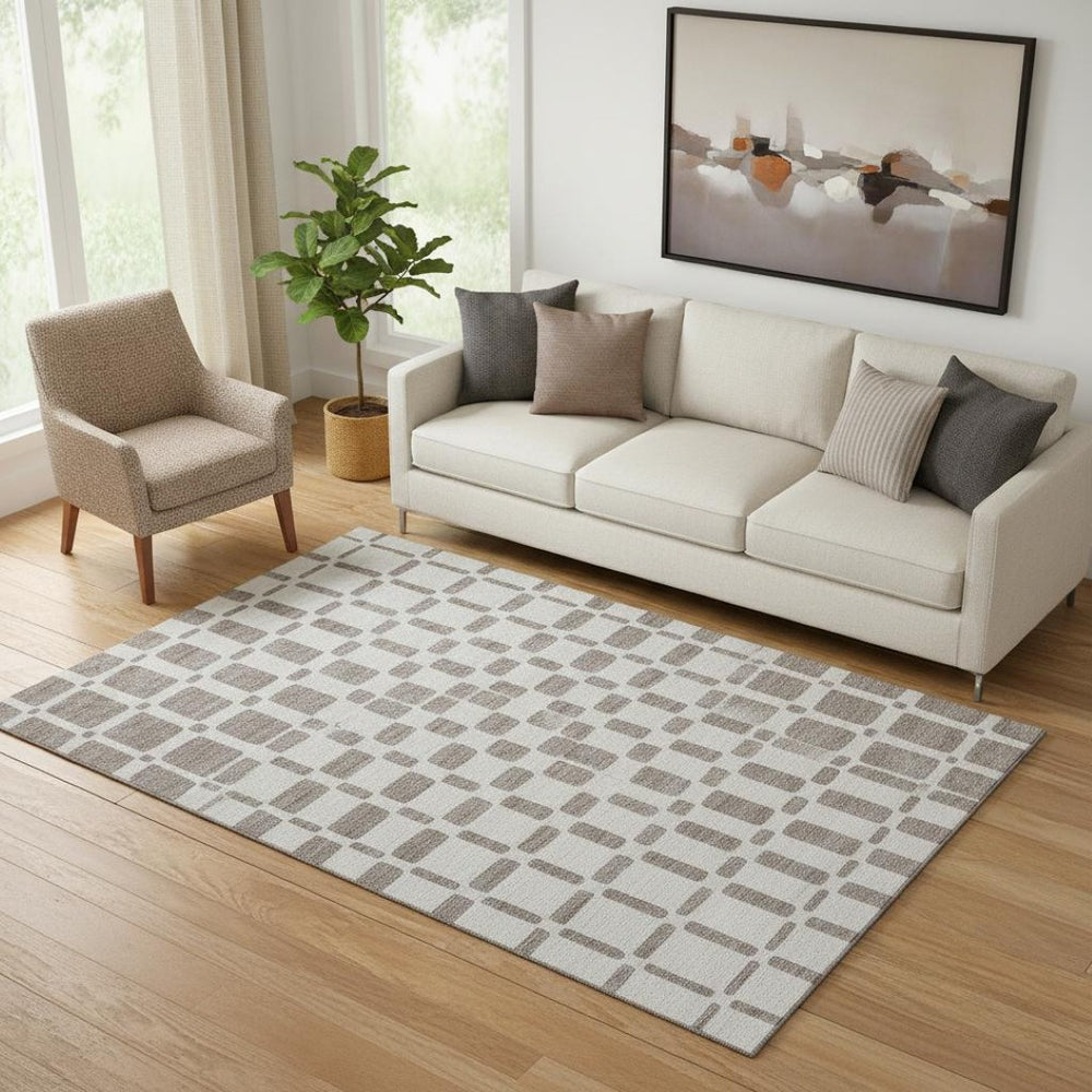 HomeRoots 5' X 8' Taupe & Ivory Geometric Area Rug – Washable, UV-Protected, Perfect for Families & Pets! 669314