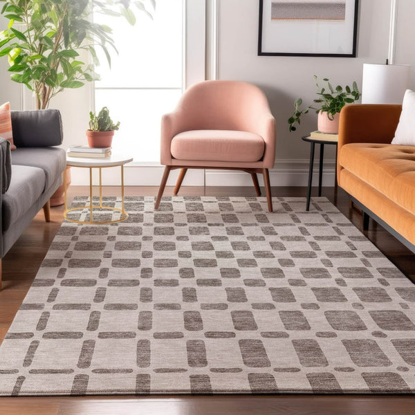 HomeRoots 10' X 14' Taupe & Ivory Geometric Area Rug - Washable, UV Protected, Durable for Family Spaces 669318