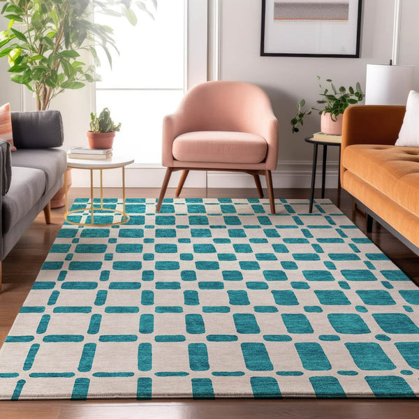HomeRoots 5' X 8' Teal And Ivory Geometric Area Rug - Washable, UV Protected, Stylish Solution for Homes 669320